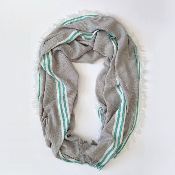 Striped Knit Long Wide Lightweight Fringe Scarf Gray Green White Cottagecore - Picture 7 of 13